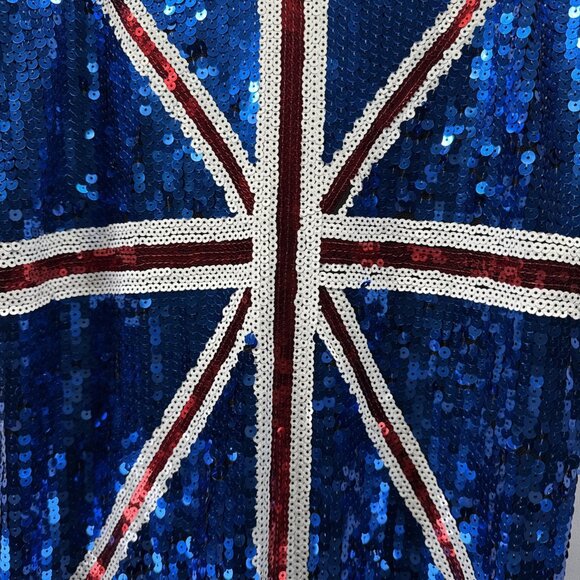 anna-kaci Women’s Mini Dress XL Blue Red Black Mesh Stretch Union Jack Sequin - Picture 2 of 9